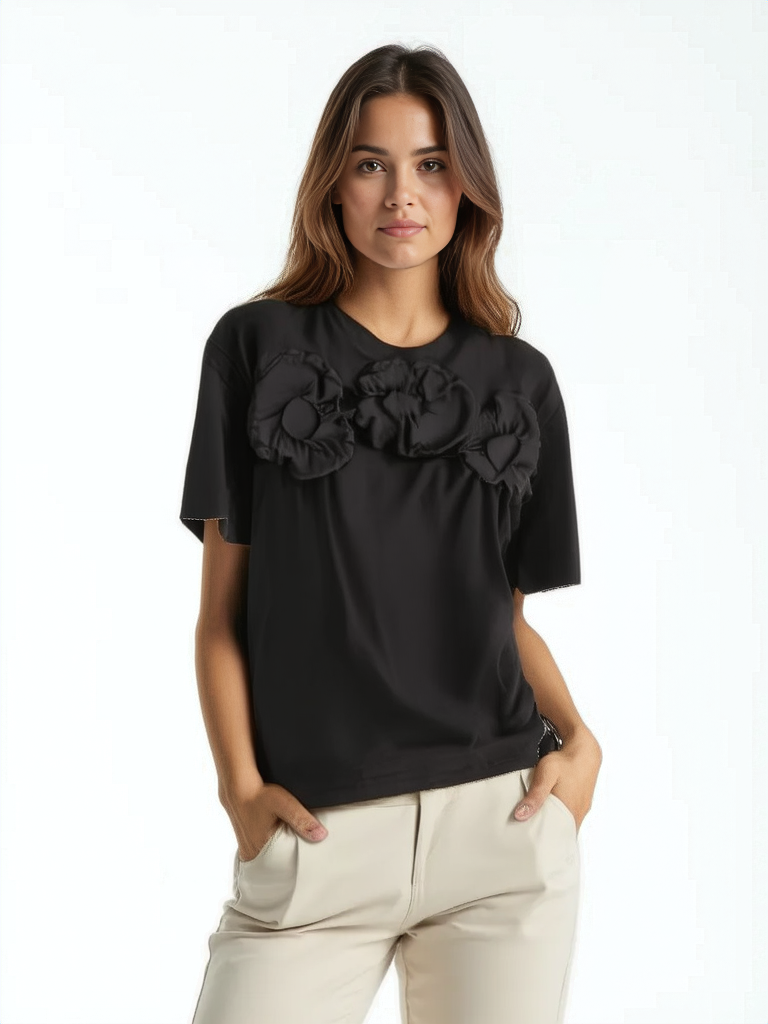 Black T-shirt with 3d flower